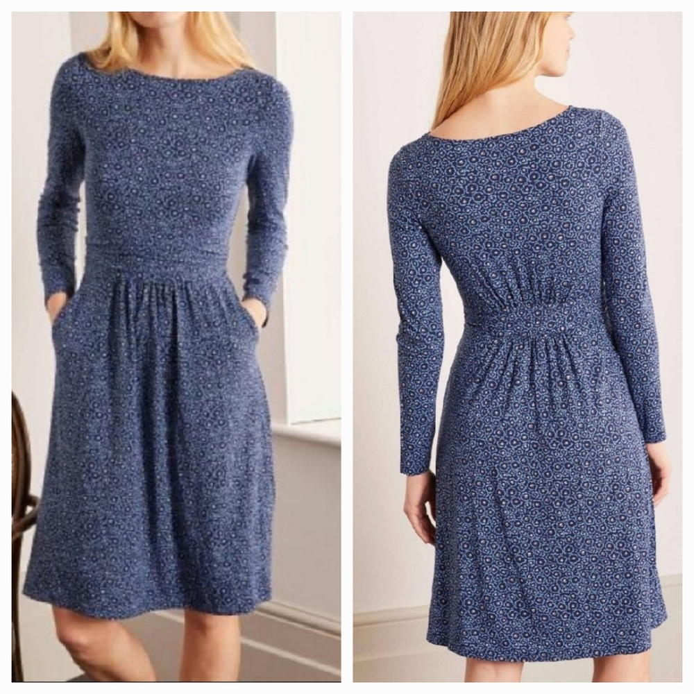 Boden Abigail Long Sleeve Gathered Waist "Painted Posey" Floral Dress Blue 8R